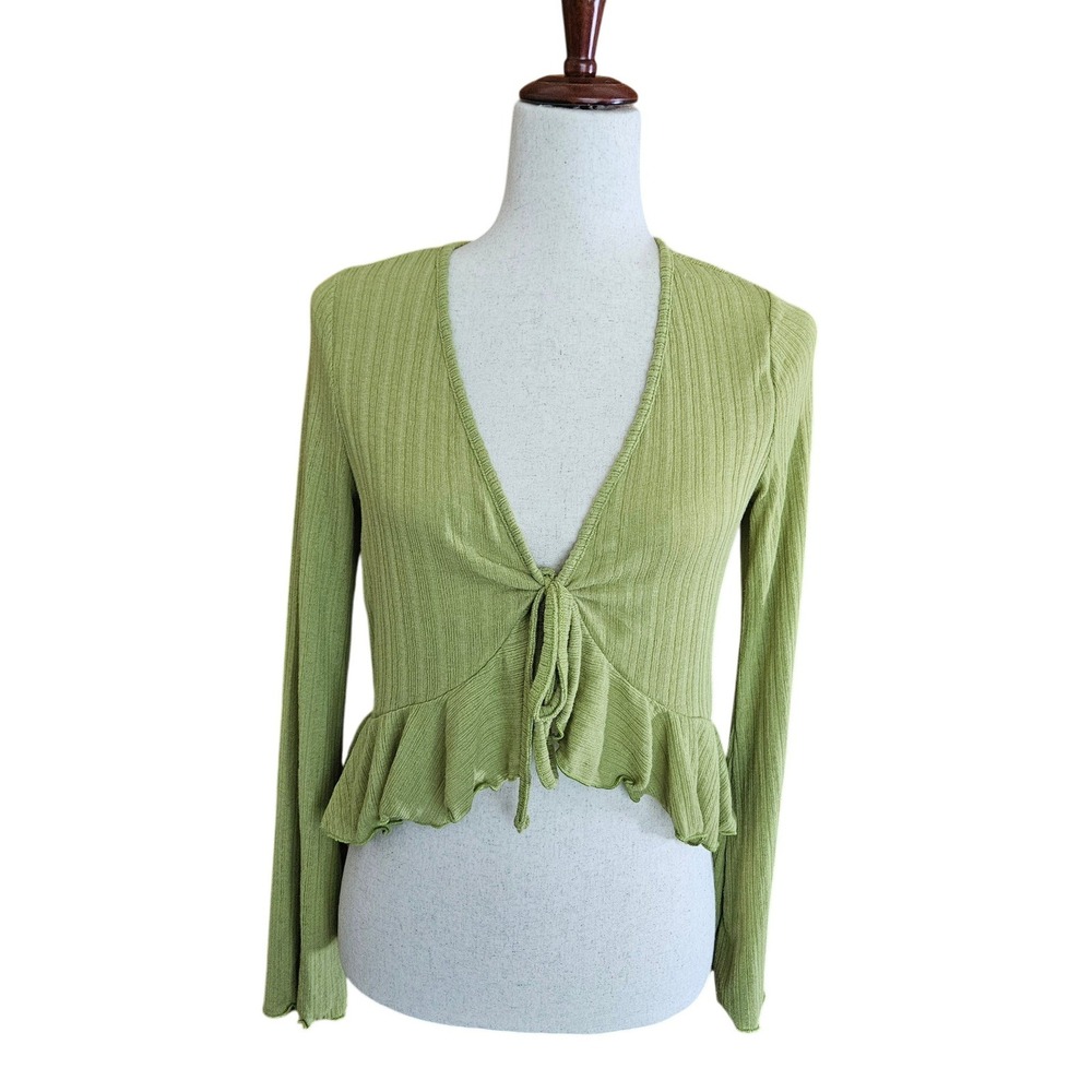 London Rose Y2K Style Green Tie Front Peplum Cardigan Top Long Sleeve Medium